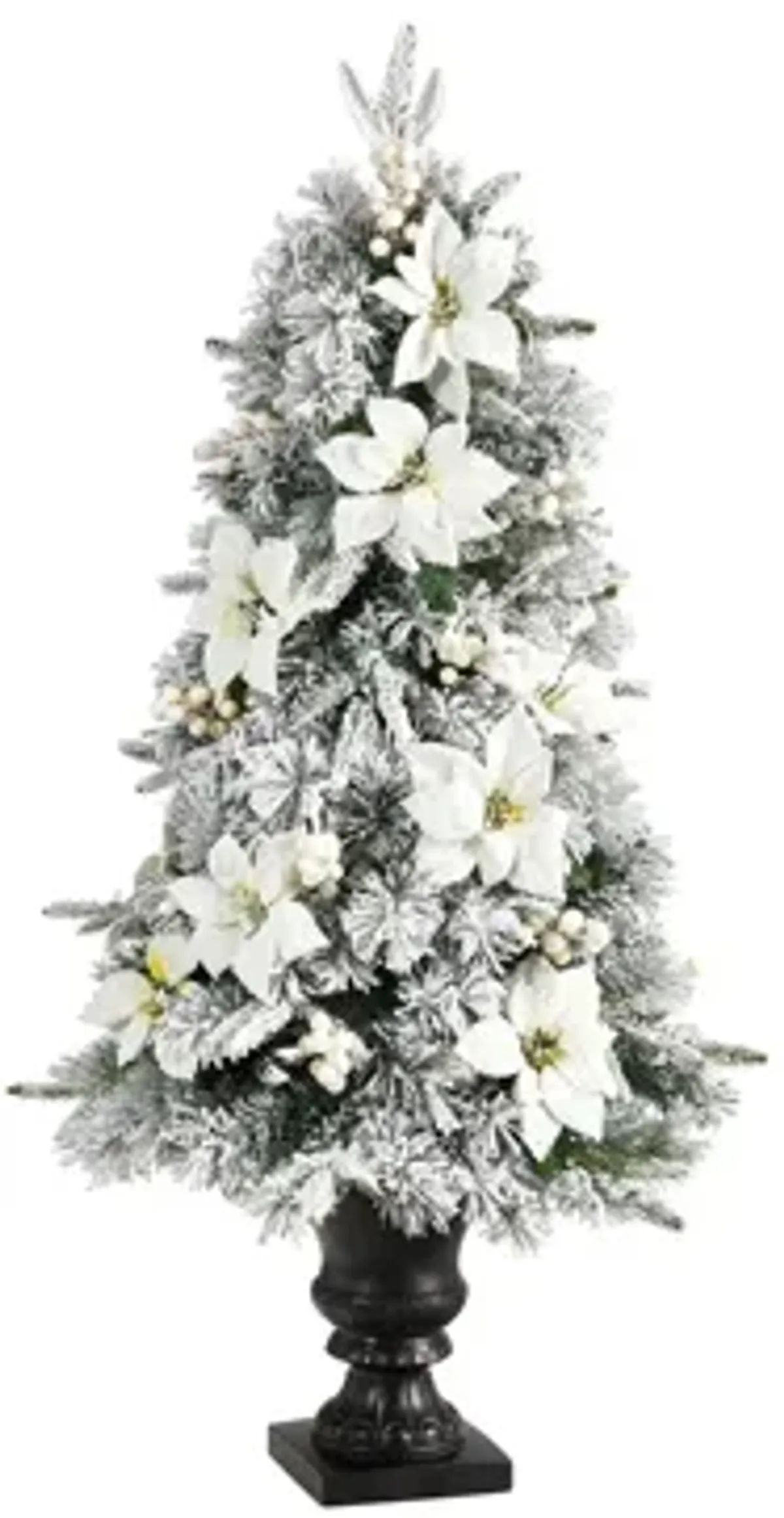 4' Flocked Artificial Christmas Tree with Bendable Branches and Warm Lights in Decorative Urn