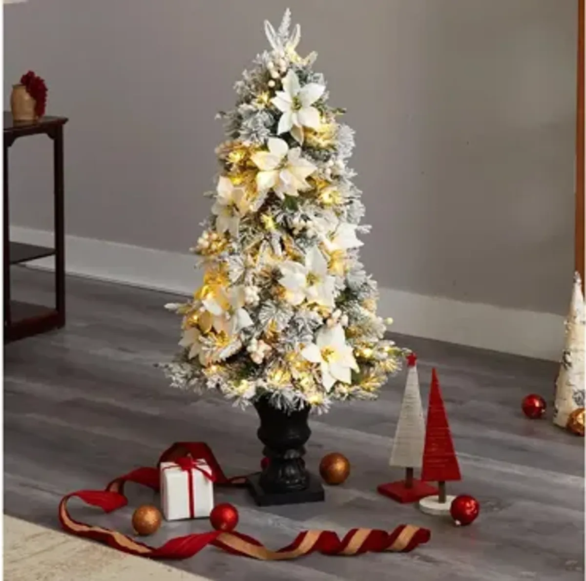 4' Flocked Artificial Christmas Tree with Bendable Branches and Warm Lights in Decorative Urn