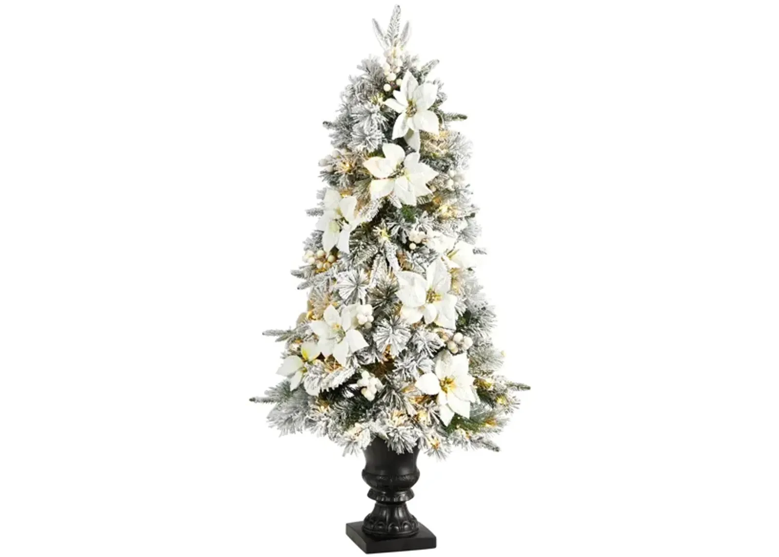 4' Flocked Artificial Christmas Tree with Bendable Branches and Warm Lights in Decorative Urn in Green by Bellanest