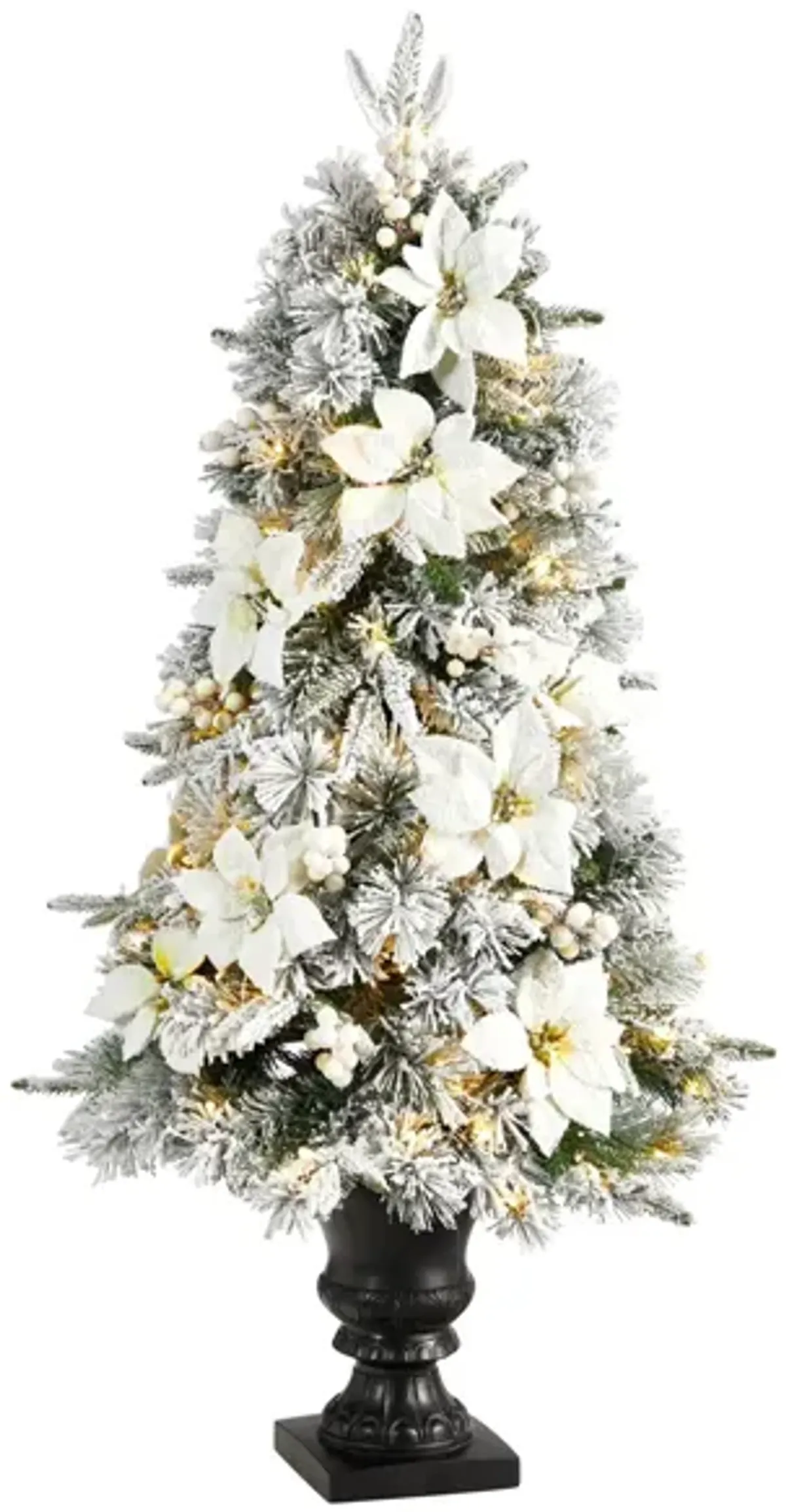 4' Flocked Artificial Christmas Tree with Bendable Branches and Warm Lights in Decorative Urn