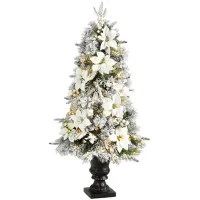 4' Flocked Artificial Christmas Tree with Bendable Branches and Warm Lights in Decorative Urn in Green by Bellanest