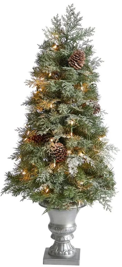 4' Pine Artificial Christmas Tree with Warm White LED Lights and Bendable Branches in Urn in Green by Bellanest