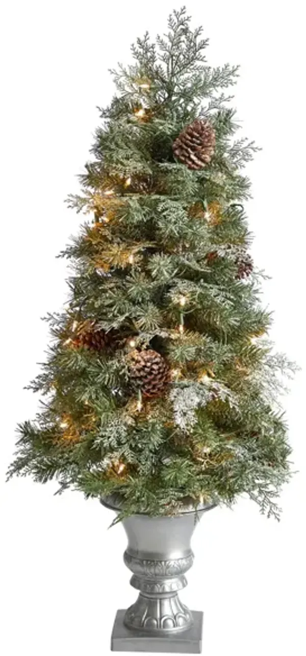 4' Pine Artificial Christmas Tree with Warm White LED Lights and Bendable Branches in Urn