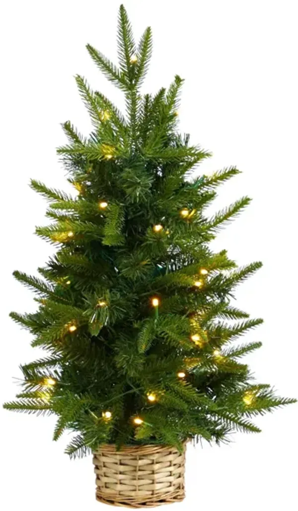 2' Artificial Christmas Tree with Clear LED Lights in Decorative Basket
