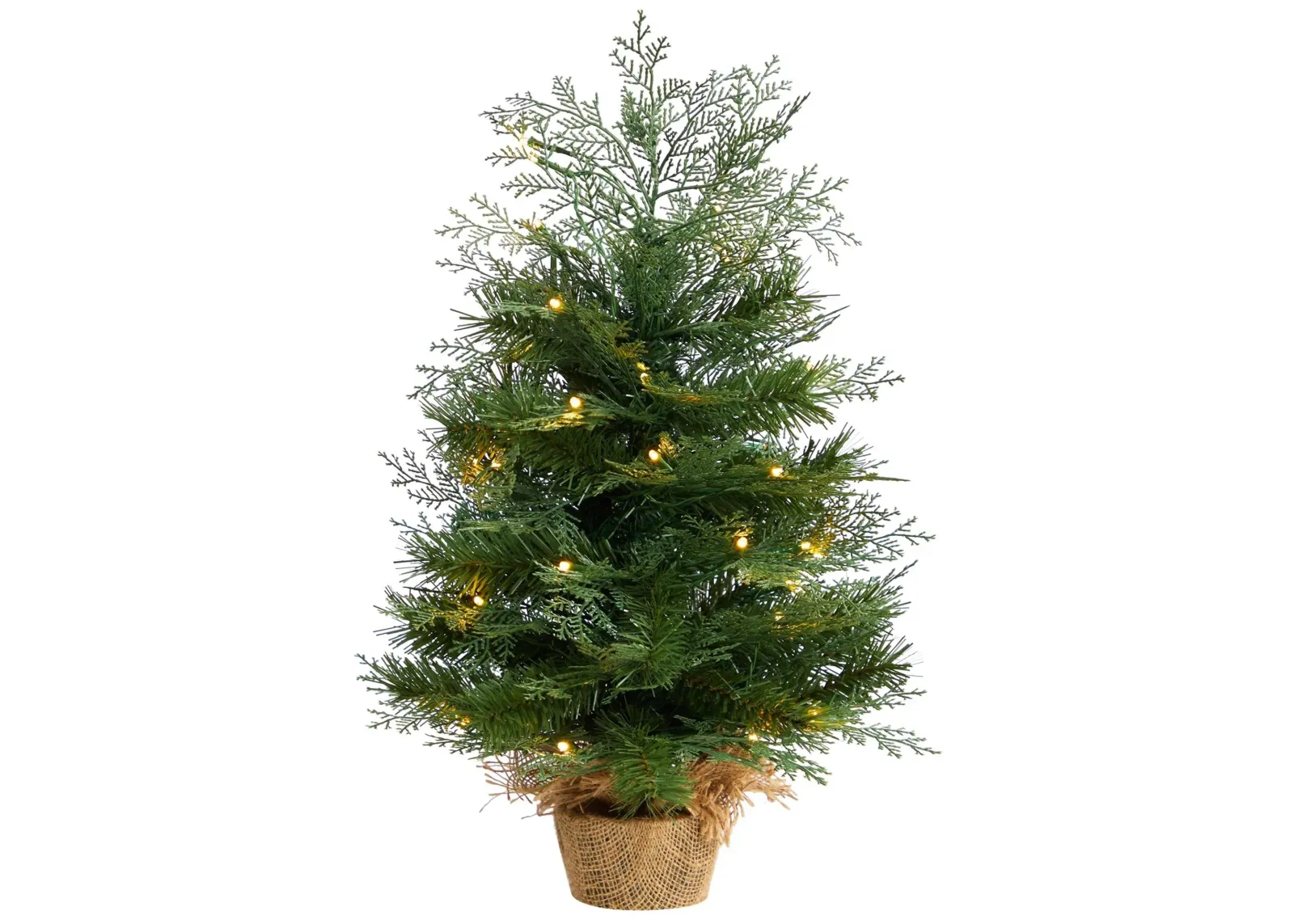 2' Artificial Christmas Tree in Burlap Base with Warm White LED Lights in Green by Bellanest