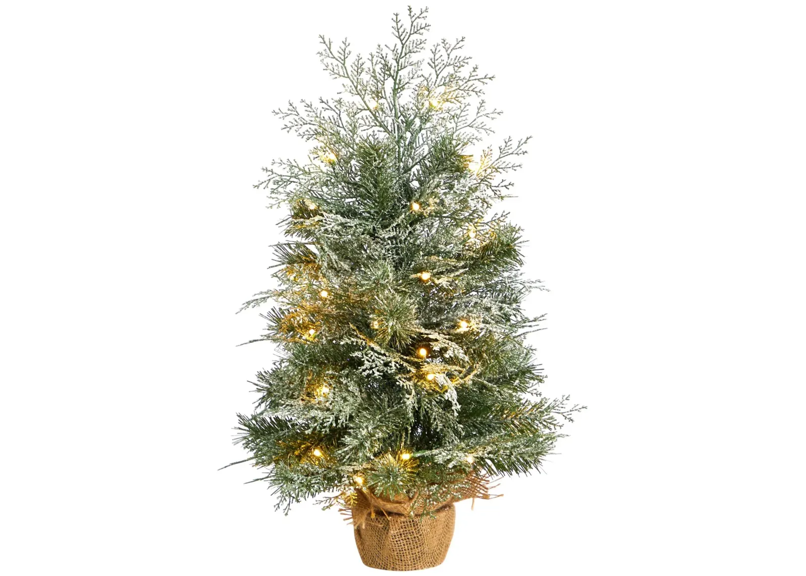 2' Frosted Artificial Christmas Tree with LED Lights in Burlap Base in Green by Bellanest