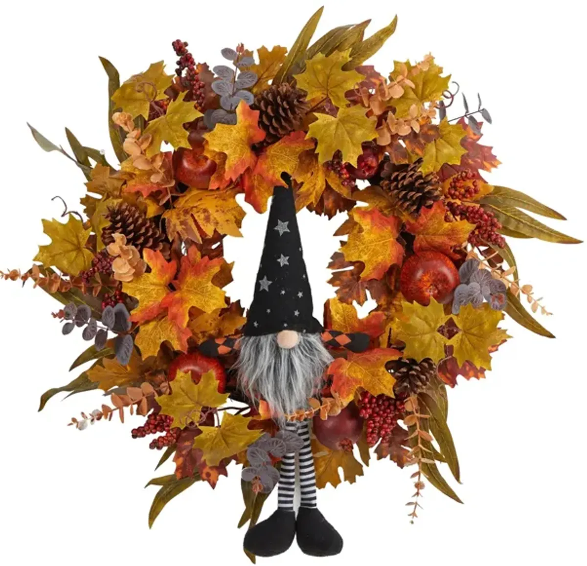 28" Harvest Foliage Gnome Artificial Wreath in Orange by Bellanest