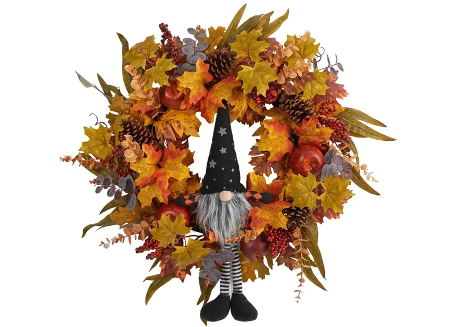 28" Harvest Foliage Gnome Artificial Wreath in Orange by Bellanest