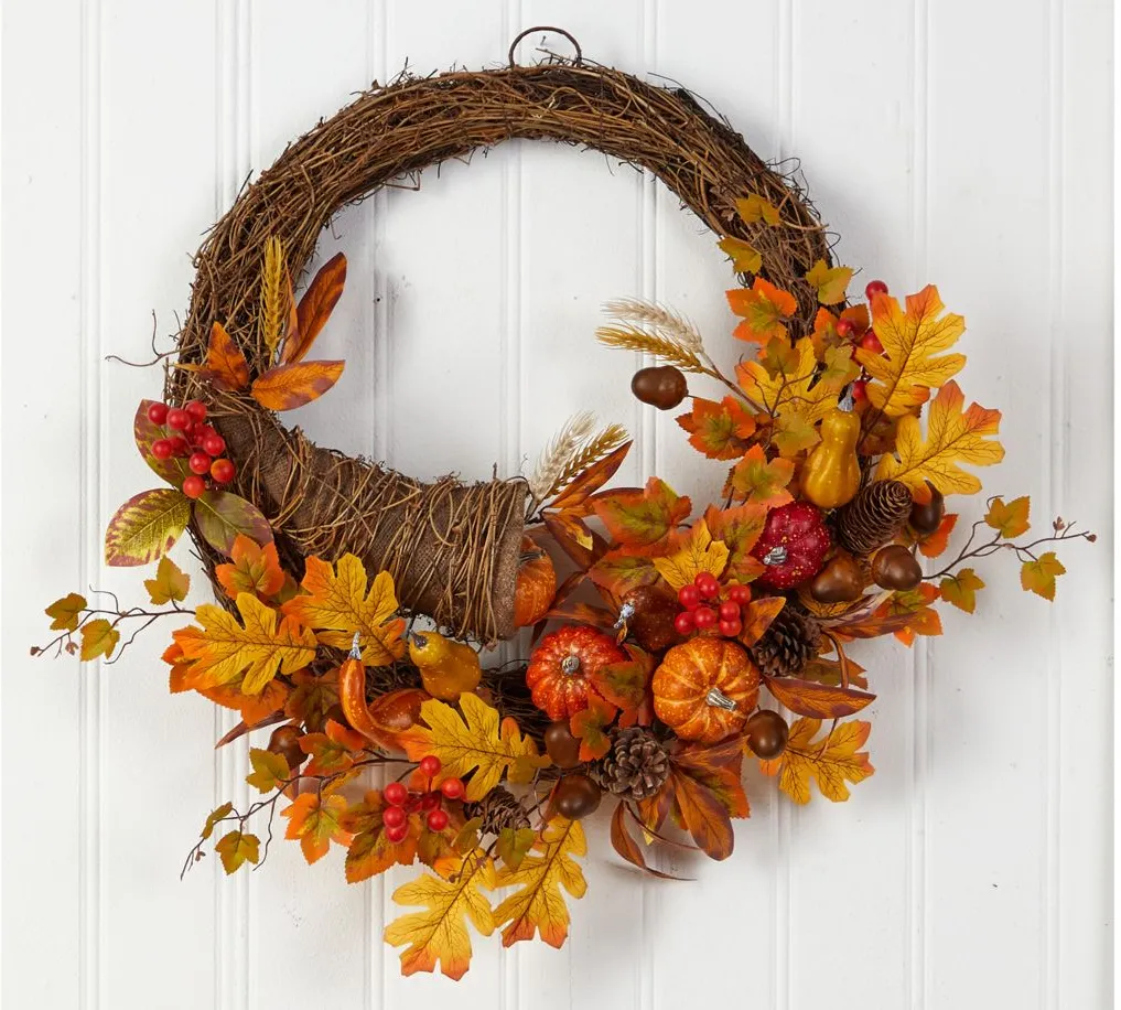 26" Harvest Foliage Cornucopia Artificial Wreath in Orange by Bellanest