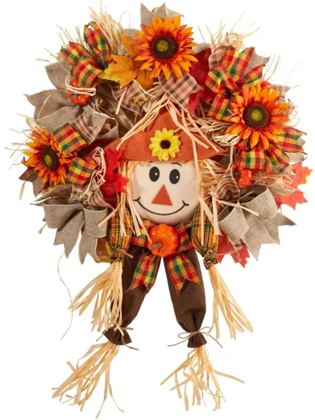 30" Harvest Foliage Scarecrow Artificial Wreath in Orange by Bellanest