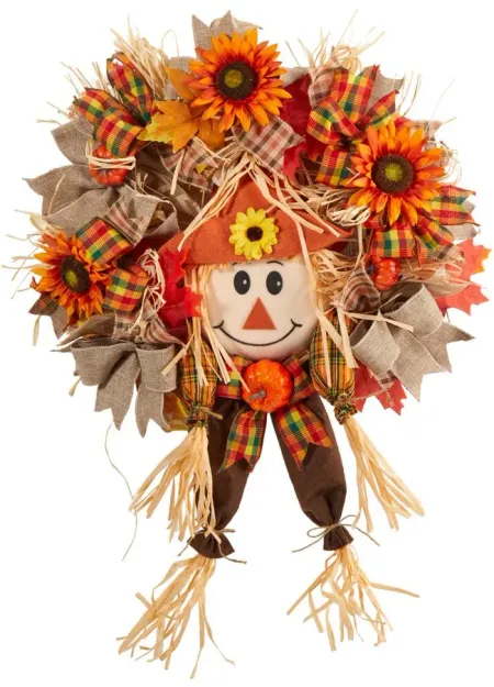 30" Harvest Foliage Scarecrow Artificial Wreath in Orange by Bellanest