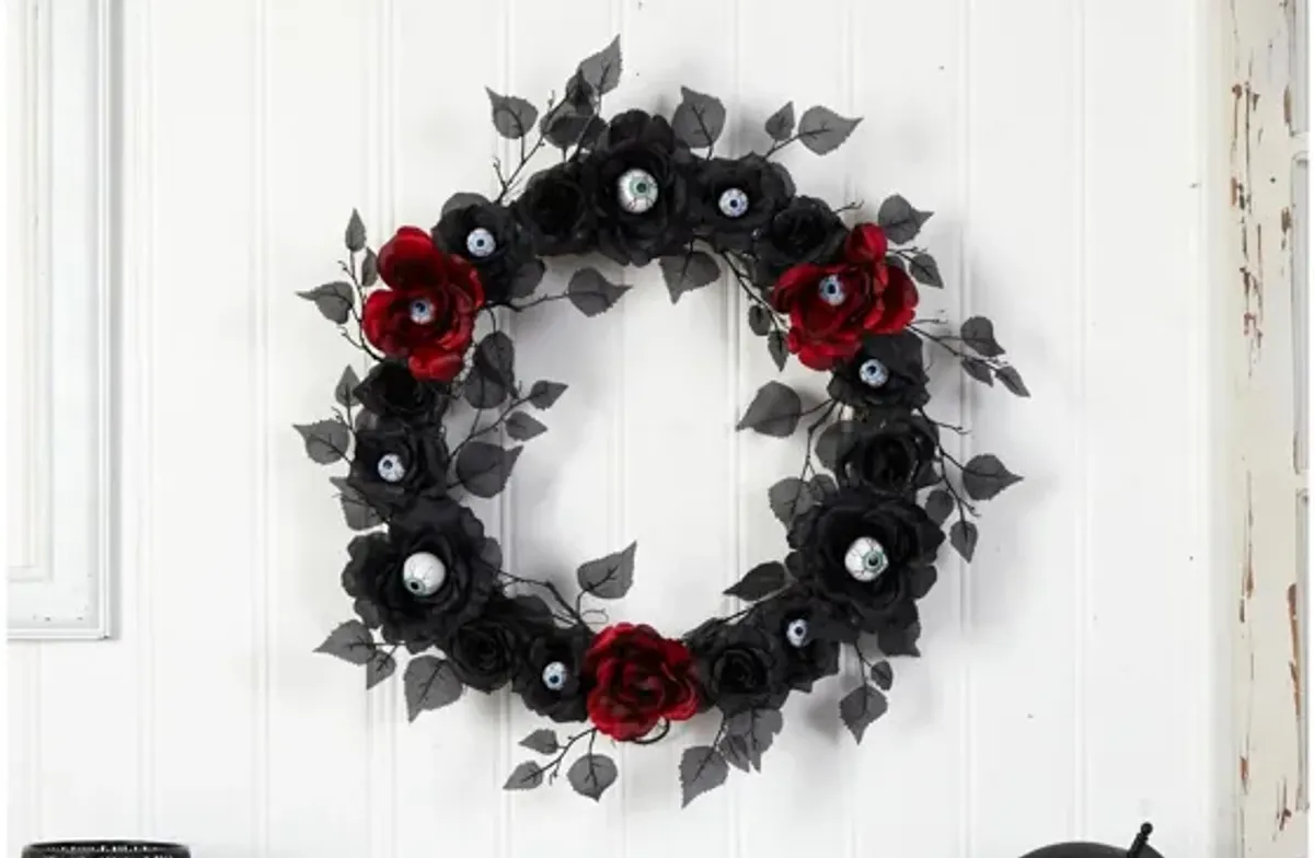 24" Halloween Foliage Eyeball Rose Artificial Wreath