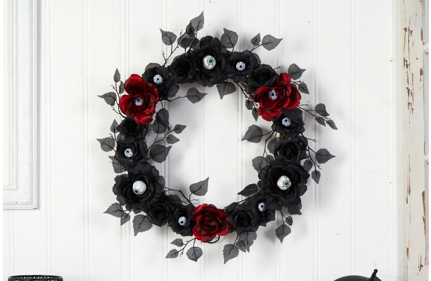 24" Halloween Foliage Eyeball Rose Artificial Wreath in Black by Bellanest