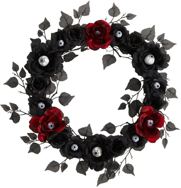 24" Halloween Foliage Eyeball Rose Artificial Wreath