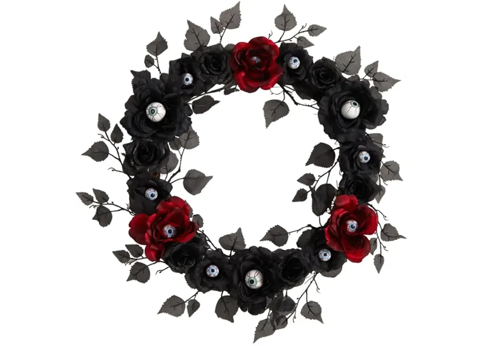 24" Halloween Foliage Eyeball Rose Artificial Wreath in Black by Bellanest