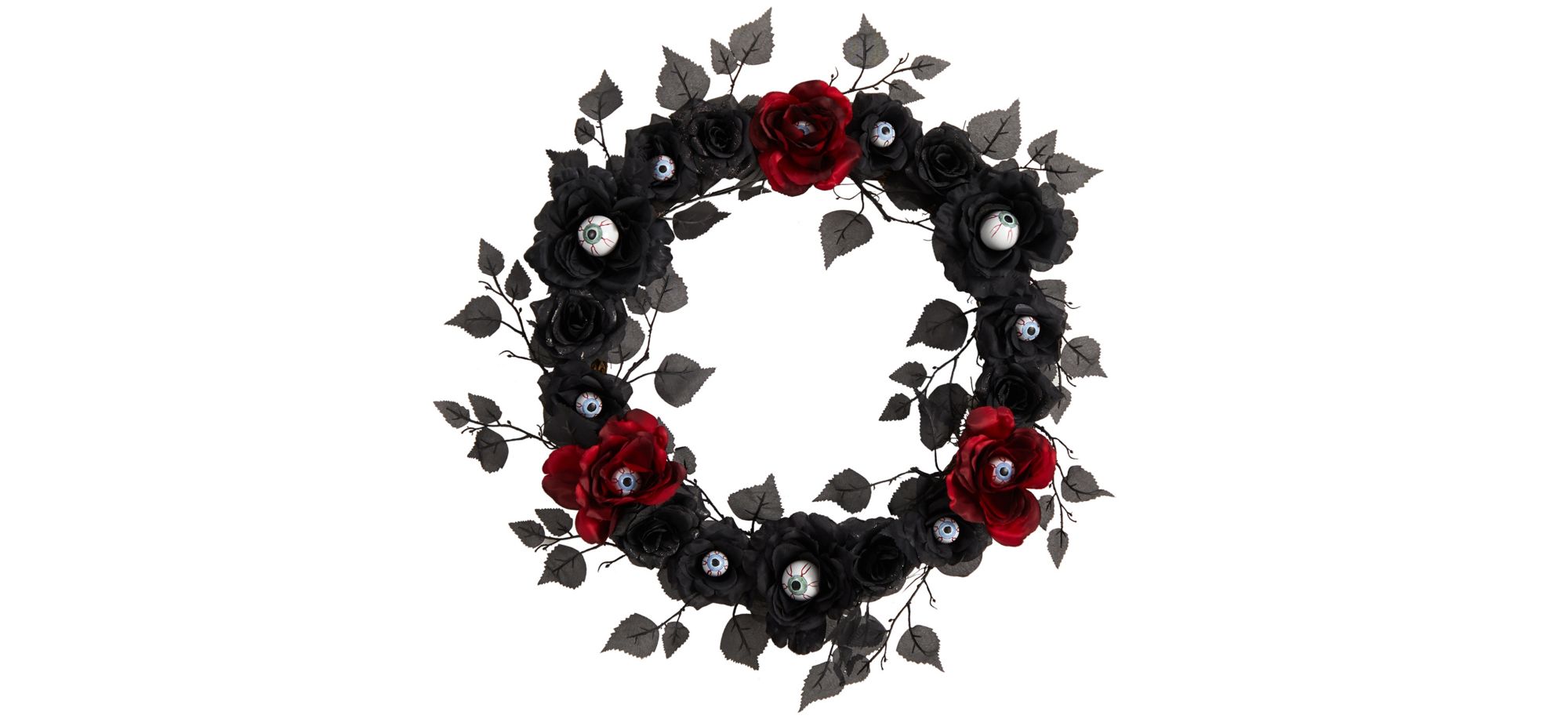 24" Halloween Foliage Eyeball Rose Artificial Wreath in Black by Bellanest