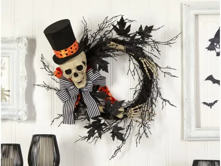 26" Halloween Foliage Dapper Skeleton Wreath in Black by Bellanest