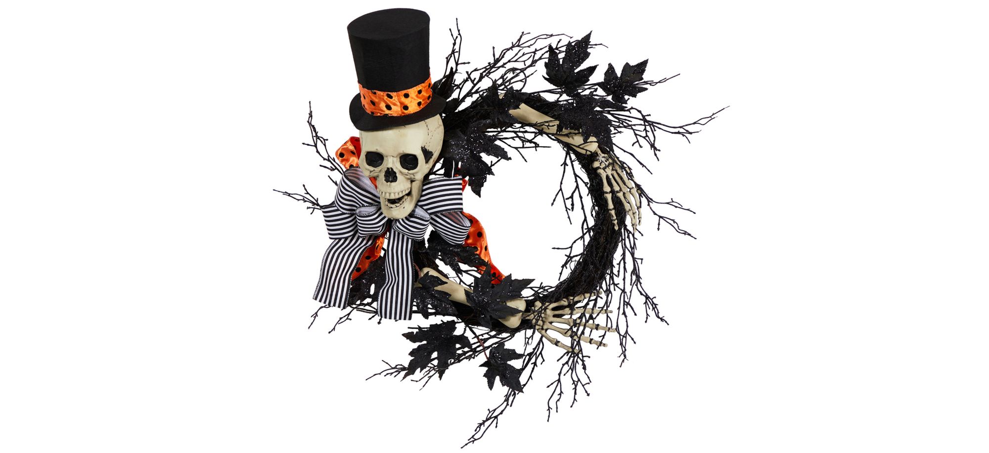 26" Halloween Foliage Dapper Skeleton Wreath in Black by Bellanest