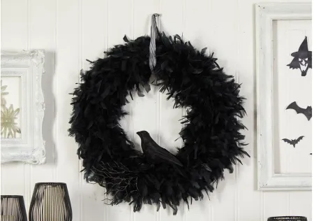 30" Halloween Foliage Raven Feather Wreath in Black by Bellanest