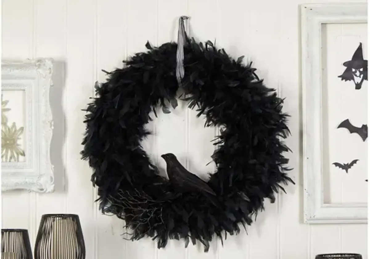 30" Halloween Foliage Raven Feather Wreath