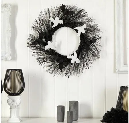 22" Halloween Foliage Ghost and Bats Twig Wreath in Black by Bellanest