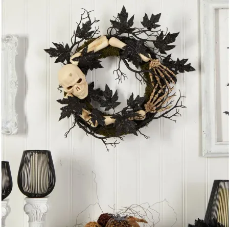 24" Halloween Foliage Skull and Bones Wreath in Black by Bellanest