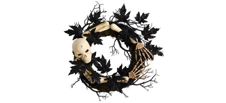 24" Halloween Foliage Skull and Bones Wreath in Black by Bellanest