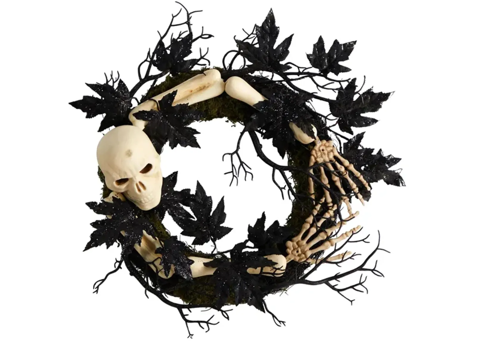 24" Halloween Foliage Skull and Bones Wreath in Black by Bellanest