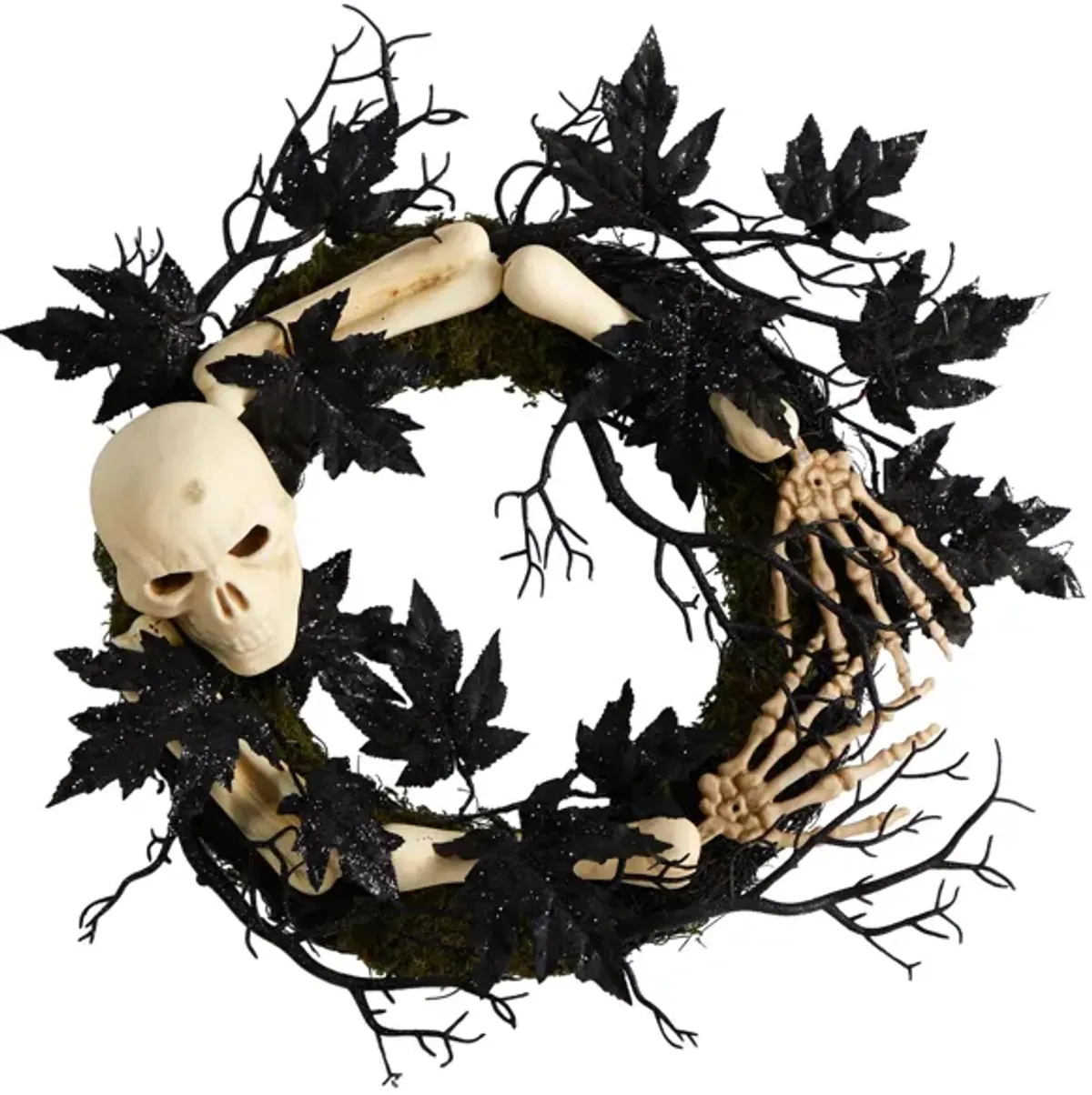 24" Halloween Foliage Skull and Bones Wreath in Black by Bellanest