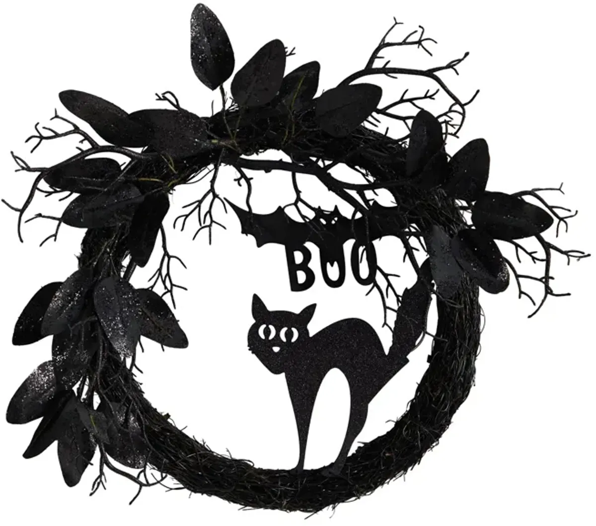 22" Halloween Foliage Black Cat Twig Wreath in Black by Bellanest