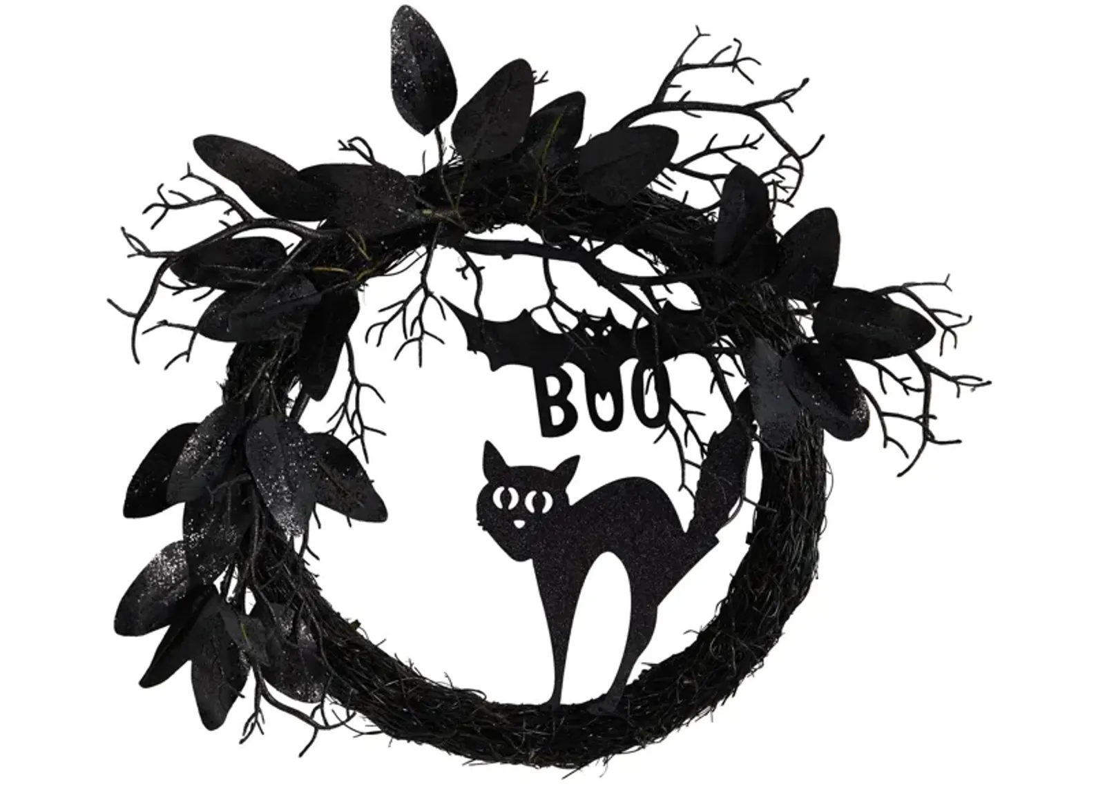 22" Halloween Foliage Black Cat Twig Wreath in Black by Bellanest