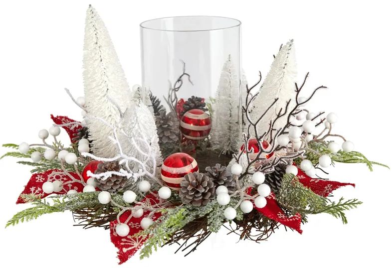 15" Holiday Foliage Lighted Forest Candle Holder in Red/White/Green by Bellanest