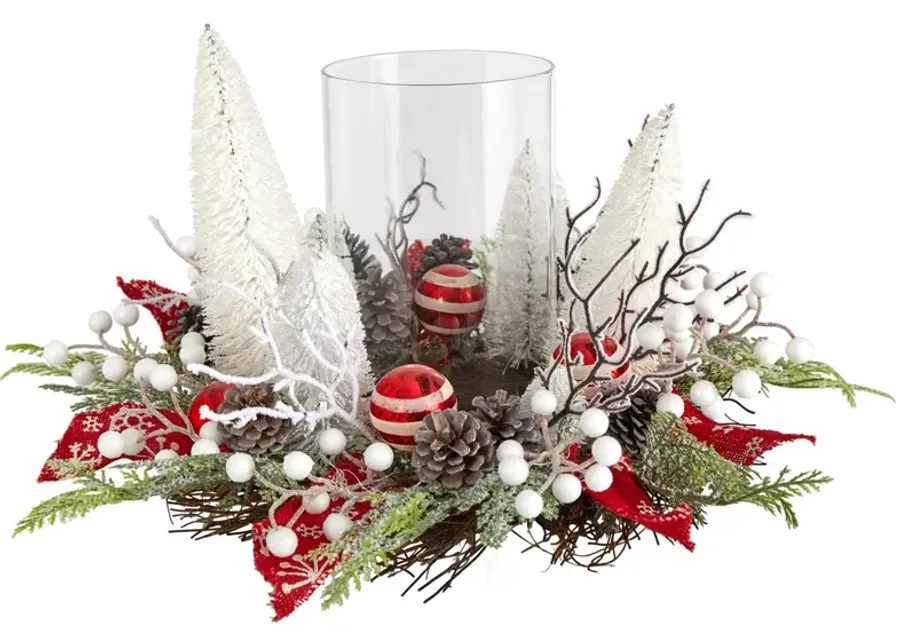 15" Holiday Foliage Lighted Forest Candle Holder in Red/White/Green by Bellanest