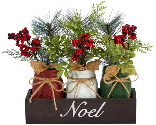 12" Holiday Foliage Mason Jar Artificial Arrangement