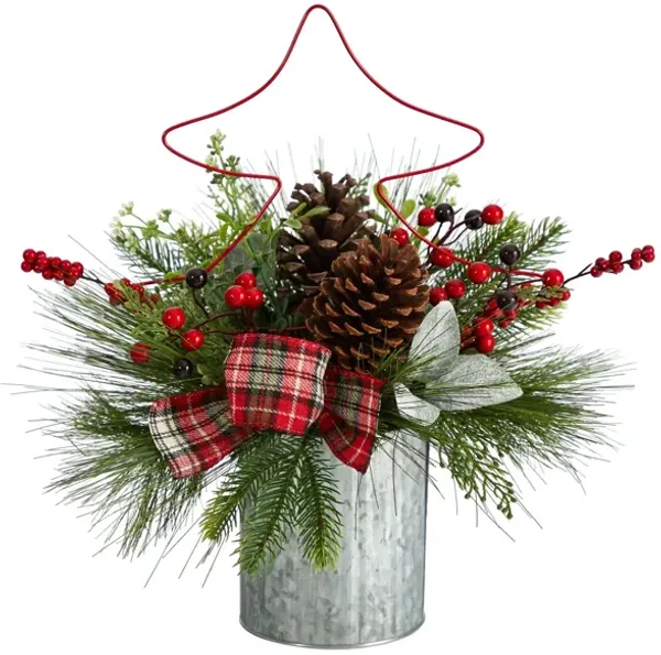 17" Holiday Foliage Artificial Arrangement with Metal Vase