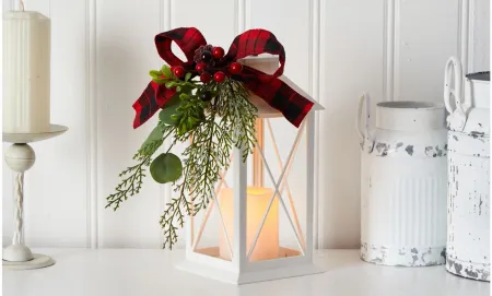 12" Holiday Foliage White Lantern Arrangement with LED Candle in Green by Bellanest