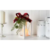 12" Holiday Foliage White Lantern Arrangement with LED Candle