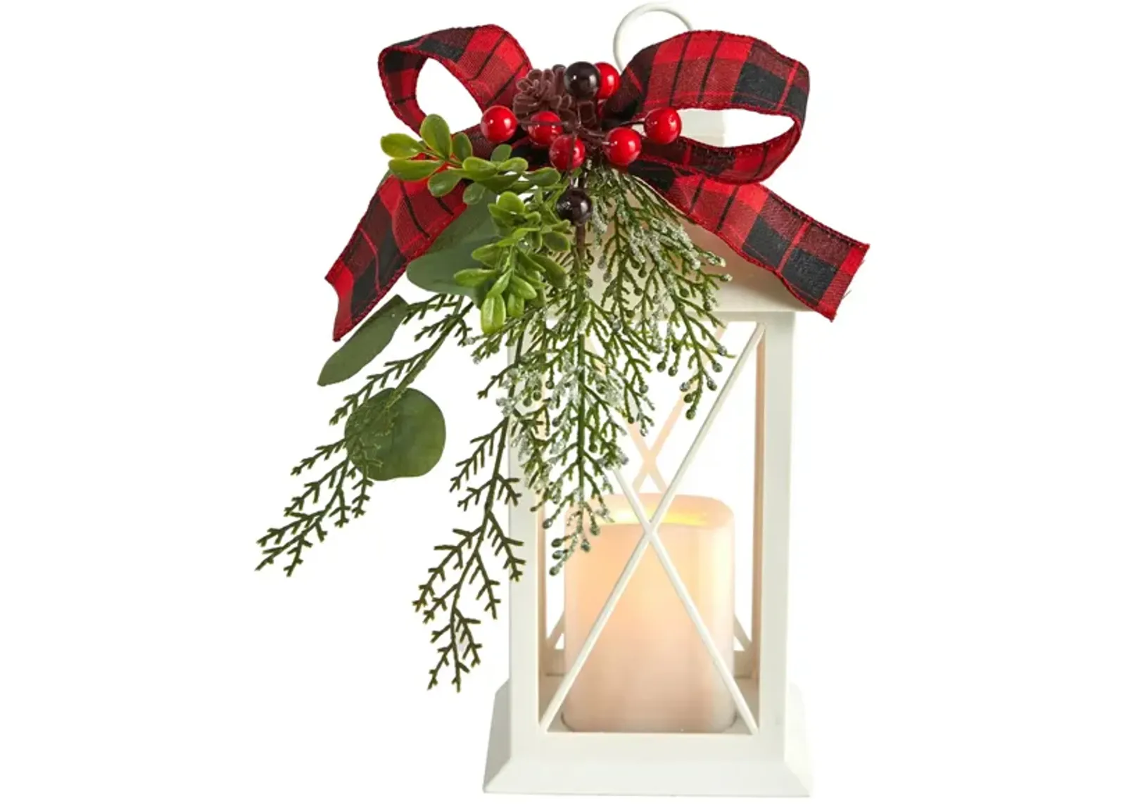 12" Holiday Foliage White Lantern Arrangement with LED Candle in Green by Bellanest