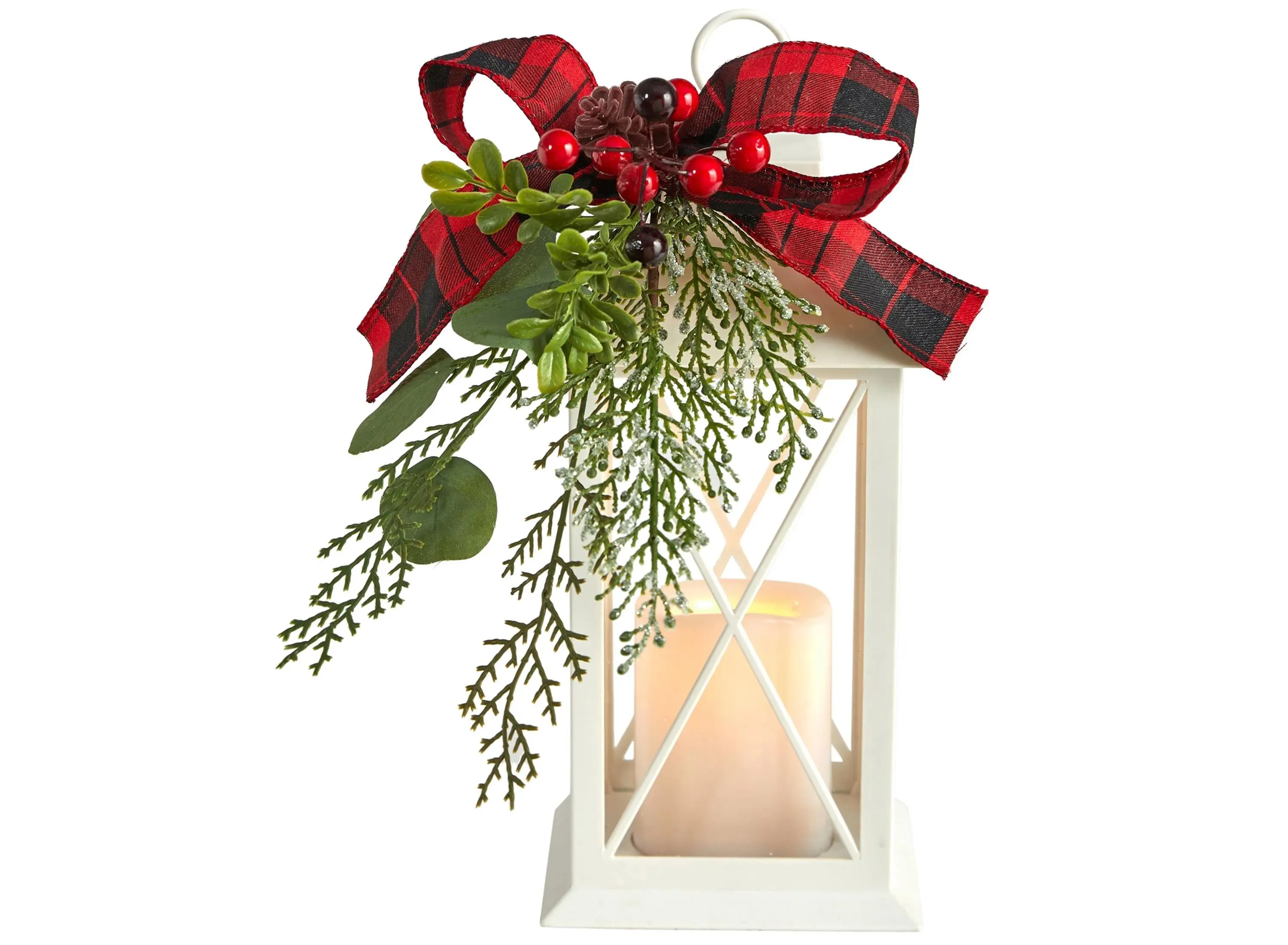 12" Holiday Foliage White Lantern Arrangement with LED Candle in Green by Bellanest