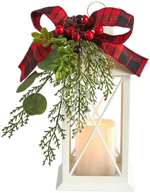 12" Holiday Foliage White Lantern Arrangement with LED Candle