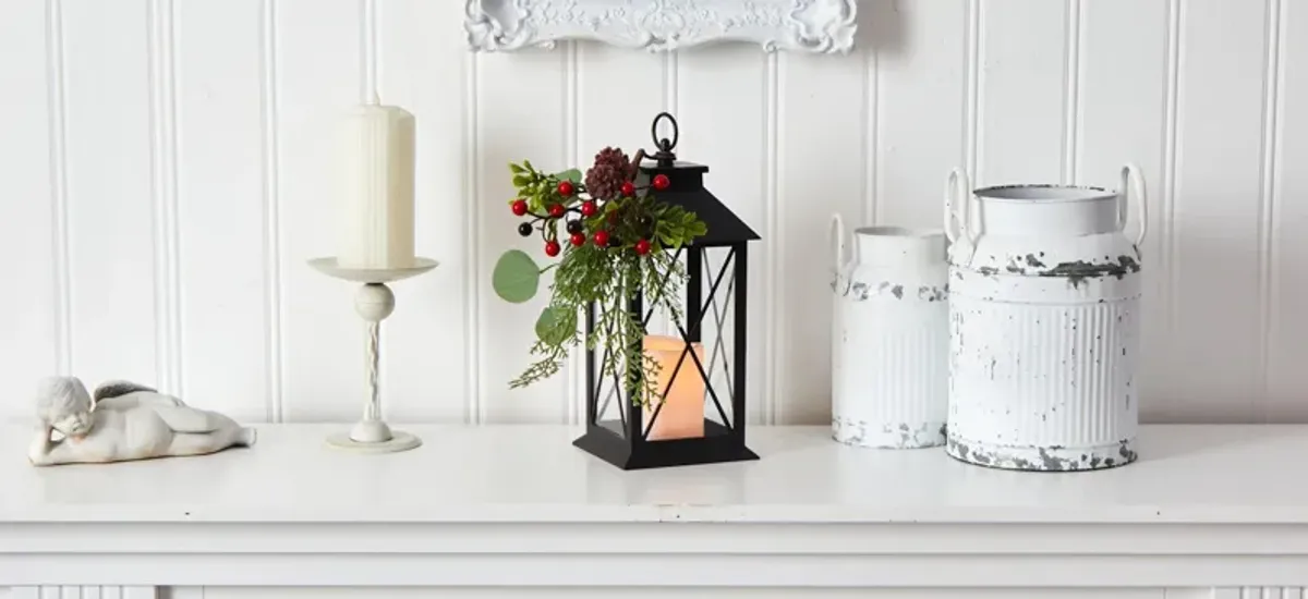 12" Holiday Foliage Metal Lantern Artificial Arrangement with LED Candle