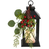 12" Holiday Foliage Metal Lantern Artificial Arrangement with LED Candle in Green/Red by Bellanest