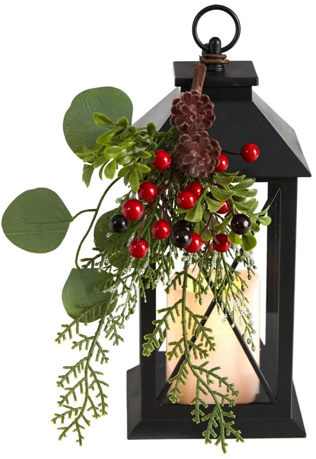 12" Holiday Foliage Metal Lantern Artificial Arrangement with LED Candle in Green/Red by Bellanest