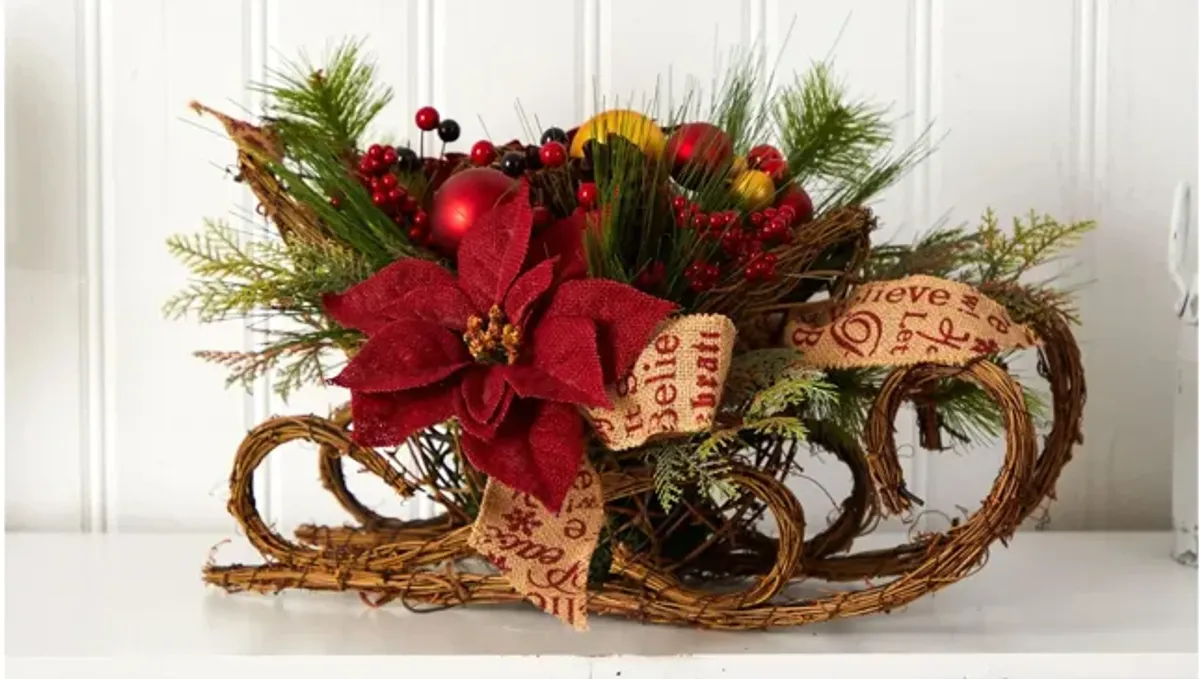 18" Sleigh with Holiday Foliage Artificial Arrangement