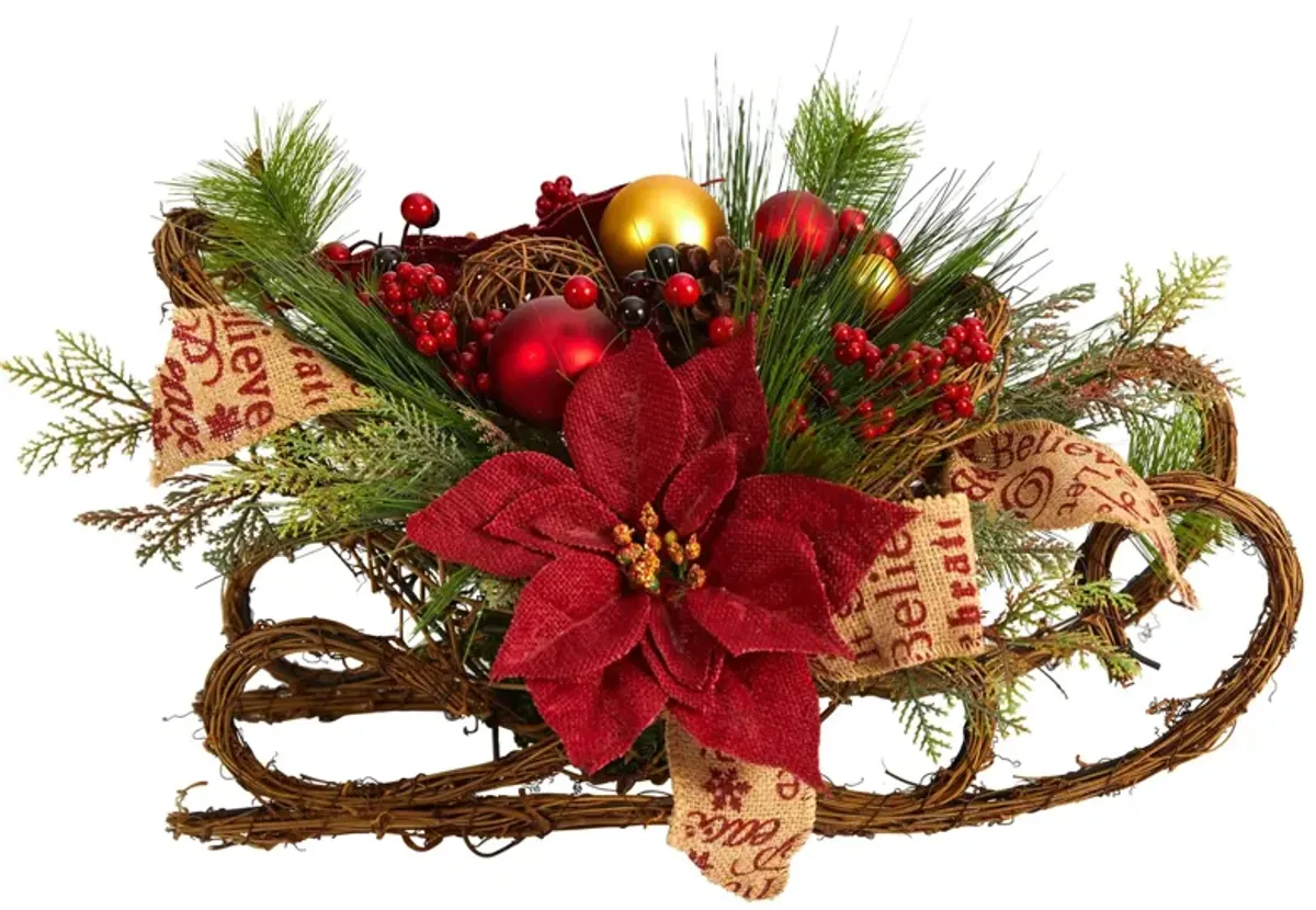 18" Sleigh with Holiday Foliage Artificial Arrangement