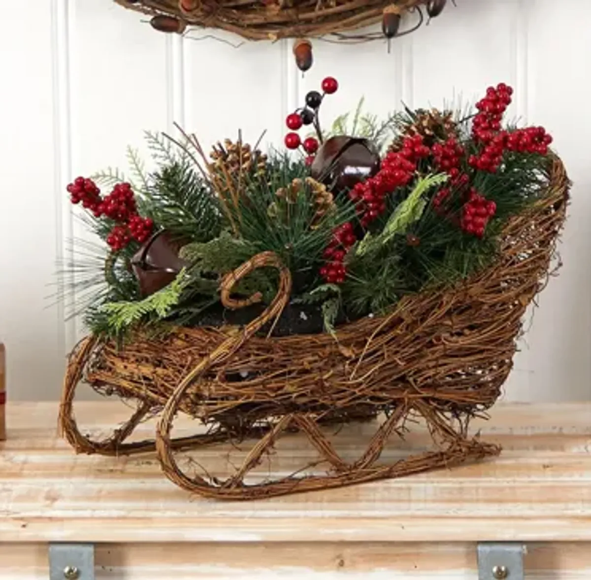 18" Sleigh with Holiday Foliage Artificial Arrangement