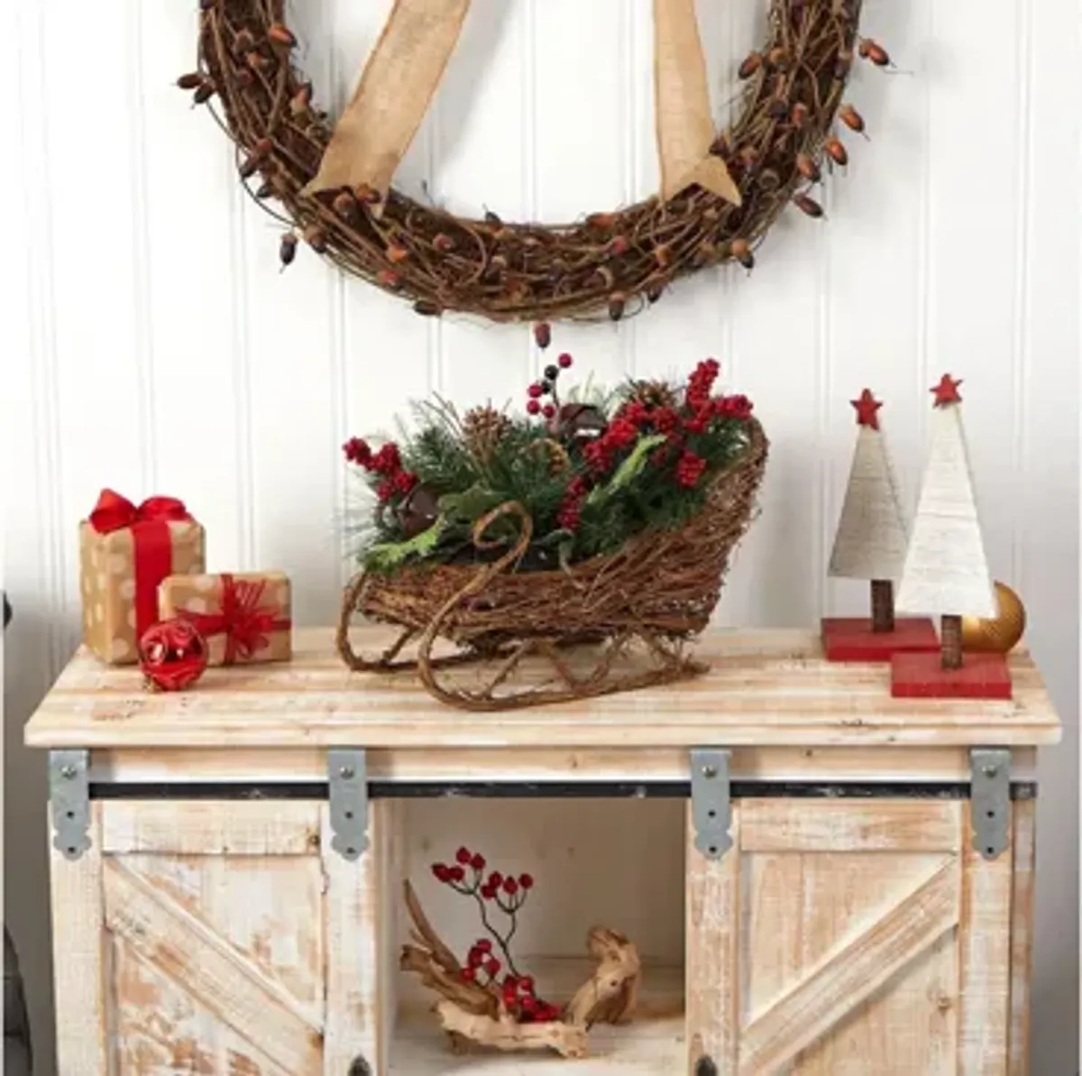 18" Sleigh with Holiday Foliage Artificial Arrangement