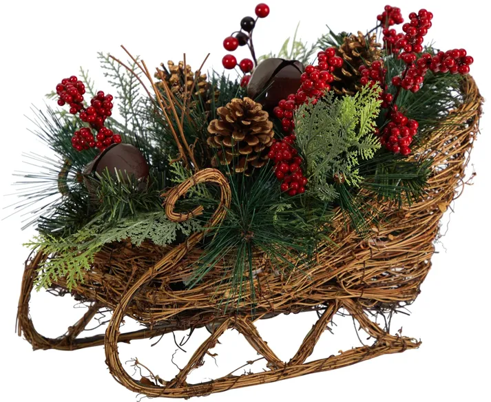 18" Sleigh with Holiday Foliage Artificial Arrangement in Green/Red by Bellanest