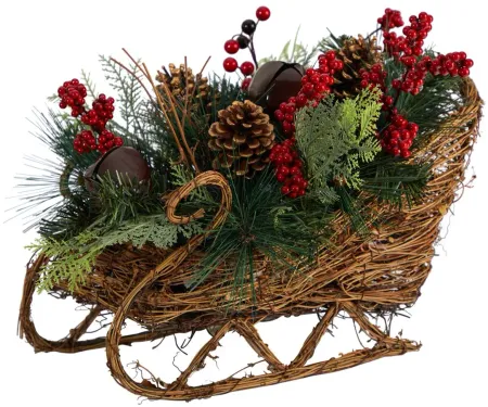18" Sleigh with Holiday Foliage Artificial Arrangement in Green/Red by Bellanest