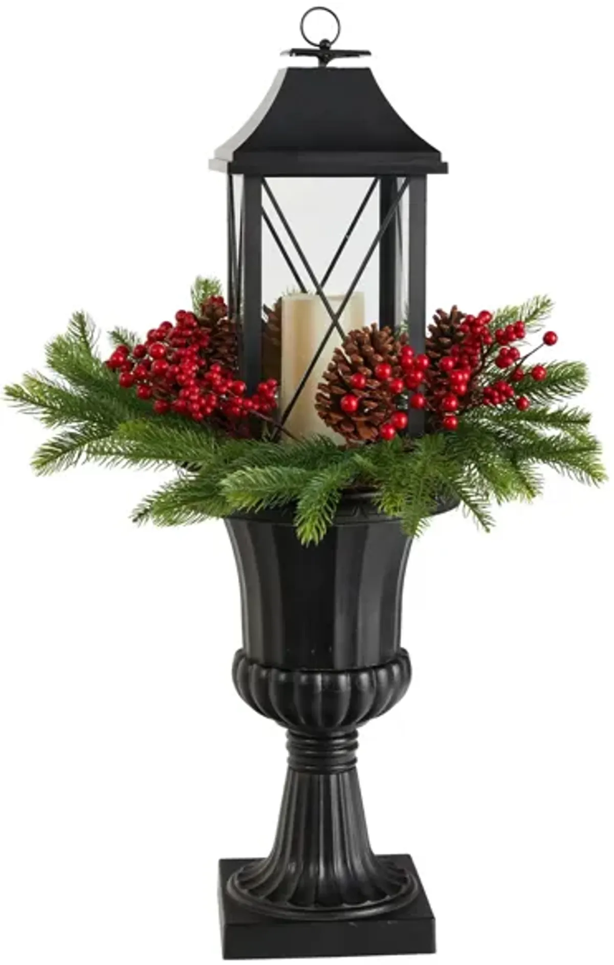 33" Holiday Foliage Large Lantern Artificial Porch Décor with LED Candle in Green/Red by Bellanest